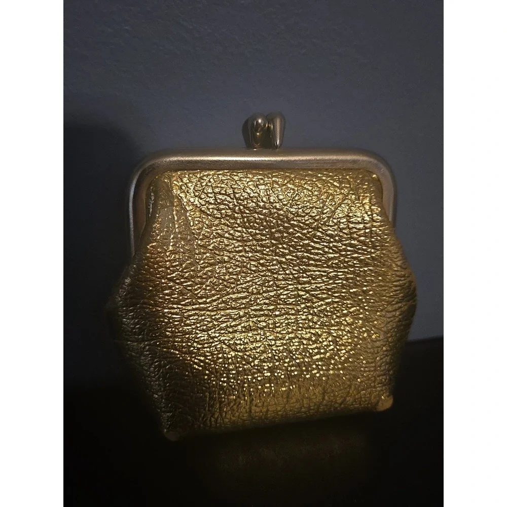 Vintage Gold Metalic Leather Coin Bag Snap Closure Kiss Lock Clasp Retro Evening